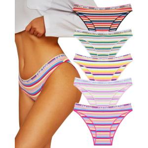 imageFINETOO Cotton Underwear for Women Cheeky High Cut Breathable Stretch Sexy Ladies Hipster Bikini Panties Pack SXLColorful Stripes 5a