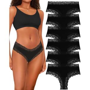 imageFINETOO Womens Cotton Underwear Sexy Lace Hipster Panties Soft Breathable Cotton Brazilian Bikini Ladies 6 PackBlack