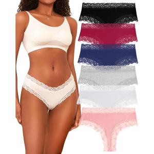 imageFINETOO Womens Cotton Underwear Sexy Lace Hipster Panties Soft Breathable Cotton Brazilian Bikini Ladies 6 PackBlackWhiteGreyRedBluePink