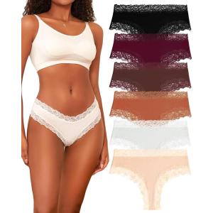 imageFINETOO Womens Cotton Underwear Sexy Lace Hipster Panties Soft Breathable Cotton Brazilian Bikini Ladies 6 PackBlackWhiteNudeCaramelCaramelBurgundyRed