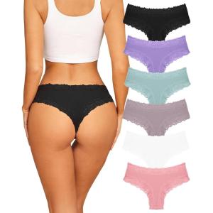 imageFINETOO Womens Cotton Underwear Sexy Lace Hipster Panties Soft Breathable Cotton Brazilian Bikini Ladies 6 PackBlackWhitePinkKahakiPurpleGreen