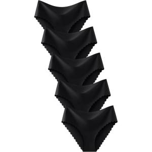 imageFINETOO Seamless Underwear for Women High Waisted Panties Scalloped Edge Sexy Cheeky Bikini No Show Briefs SXXL 5 PackBlack5