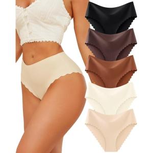 imageFINETOO Seamless Underwear for Women High Waisted Panties Scalloped Edge Sexy Cheeky Bikini No Show Briefs SXXL 5 PackColor A5