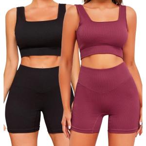 imageFINETOO Workout Sets for Women 4 Pieces Ribbed Crop Tank Shorts Active Gym Exercise High Waisted Sports Yoga Outfit SL