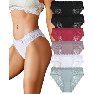 imageFINETOO 6 Pack Bikini Underwear for Women Sexy Lace Cheeky Panties Low Rise Hipster Cotton PantyColor A6