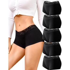 imageFINETOO Cotton Underwear for Women Boy Shorts Lace Boxer Briefs Soft Full Coverage Womens Panties 5 Pack SXXLBlack