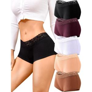 imageFINETOO Cotton Underwear for Women Boy Shorts Lace Boxer Briefs Soft Full Coverage Womens Panties 5 Pack SXXLBrown