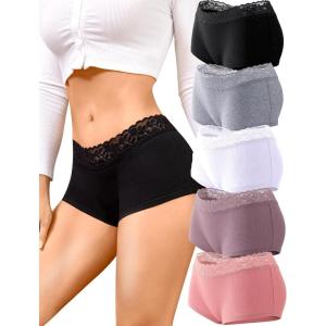 imageFINETOO Cotton Underwear for Women Boy Shorts Lace Boxer Briefs Soft Full Coverage Womens Panties 5 Pack SXXLPink