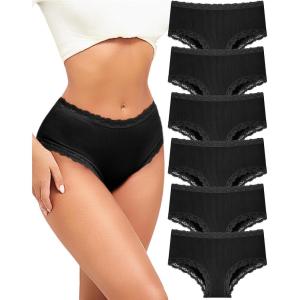 imageFINETOO 6 Pack Cotton Underwear for Women Cute Bikini Panties Sexy Lace Waist Briefs Soft Breathable Womens Cheeky SXXLBlack