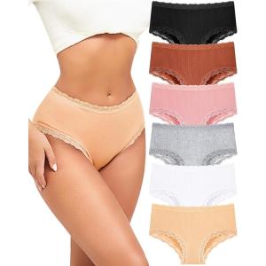 imageFINETOO 6 Pack Cotton Underwear for Women Cute Bikini Panties Sexy Lace Waist Briefs Soft Breathable Womens Cheeky SXXLBlackwhiteskin Tonepinkgraybrick Yellow