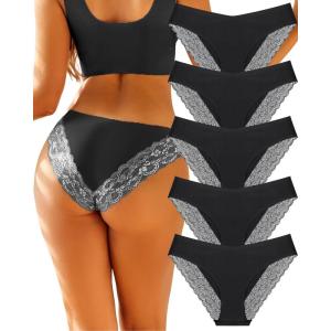 imageFINETOO Underwear for Women Lace Sexy Hipster V Cut No Show Bikini Panties Seamless Cheeky 5 Pack SXL