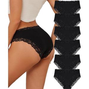 imageFINETOO Womens Underwear Cotton Bikini Underwear for Women Lace Wasit Hipster Panties Soft Breathable Briefs 6 PackB 6 Pack Black6