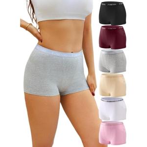 imageFINETOO Womens Cotton Boy Shorts Underwear Full Coverage Soft Boxer Briefs Panties for Lady Girls 6 PackBlackgrape Purpleash Graywhitepinkbeige