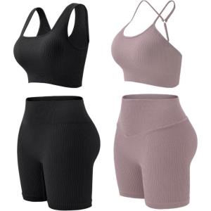 imageWorkout Outfits Sets for Women 4 piece Seamless Backless Tank Sport Bra High Waist Short Yoga Gym Matching Active Set0 Black  Light Khaki