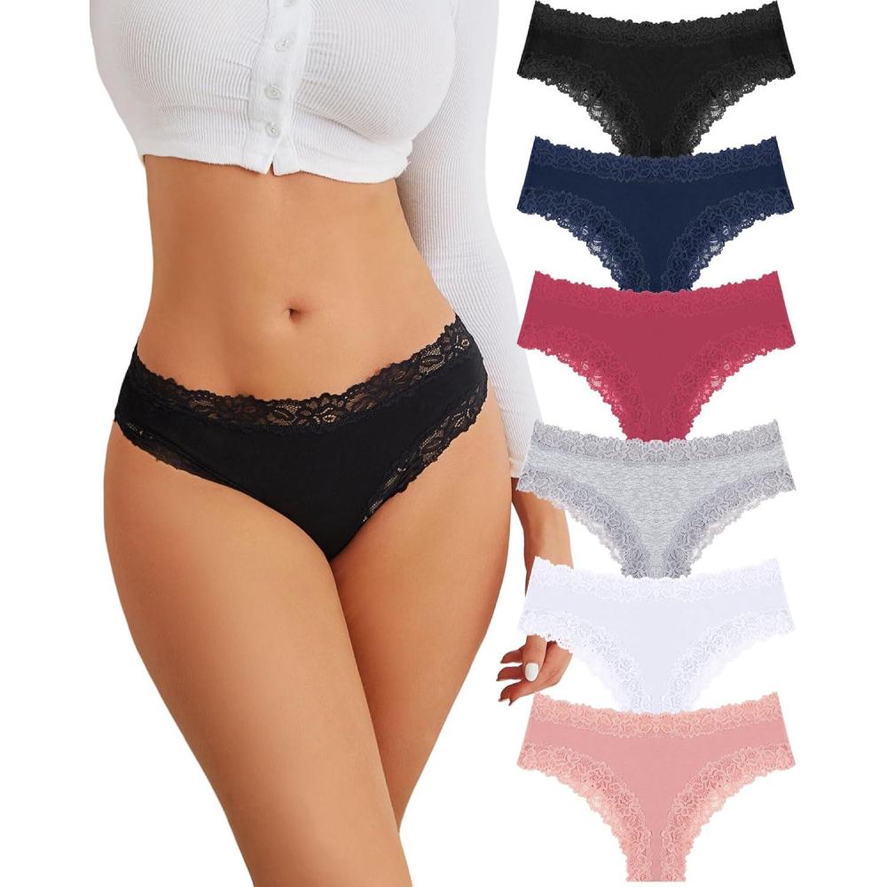 imageFINETOO Cotton Underwear for Women Sexy Panties Lace Hipster Low Rise Breathable Womens Cheeky 6 Pack SXLBlackdark Blueredgraywhitepink