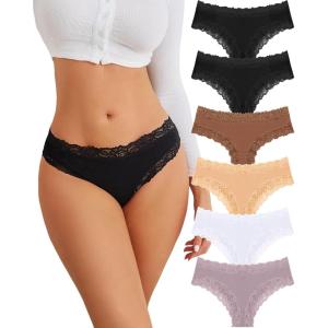 imageFINETOO Cotton Underwear for Women Sexy Panties Lace Hipster Low Rise Breathable Womens Cheeky 6 Pack SXLBlack2brick Yellowapricotwhitekhaki