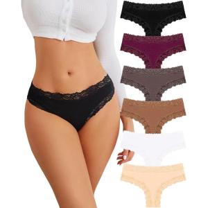 imageFINETOO Cotton Underwear for Women Sexy Panties Lace Hipster Low Rise Breathable Womens Cheeky 6 Pack SXLBlackapricopurplemoca Greybrick Yellowwhite