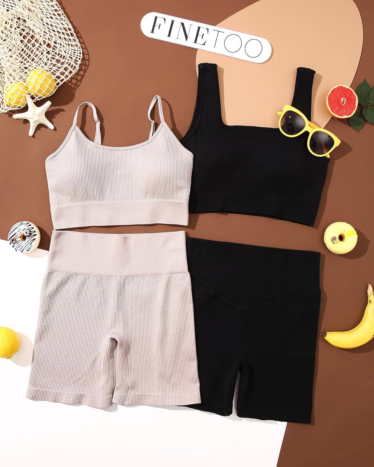 imageWorkout Sets for Women 4 Pieces Ribbed Crop Tank Shorts Active Gym Exercise High Waisted Sports Yoga Outfit SLPack B