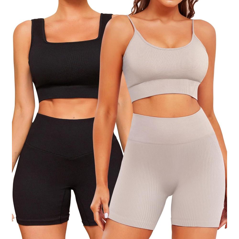 imageWorkout Sets for Women 4 Pieces Ribbed Crop Tank Shorts Active Gym Exercise High Waisted Sports Yoga Outfit SLPack B