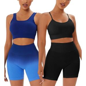 imageWorkout Sets for Women 4 Pieces Ribbed Crop Tank Shorts Active Gym Exercise High Waisted Sports Yoga Outfit SL