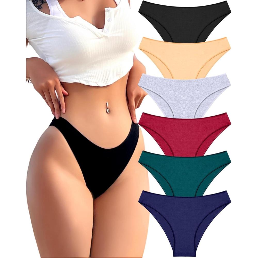 imageFINETOO 6 Pack Cotton Underwear for Women Cute Low Rise Bikini Panties High Cut Breathable Sexy Hipster Womens Cheeky SXLSet8pack