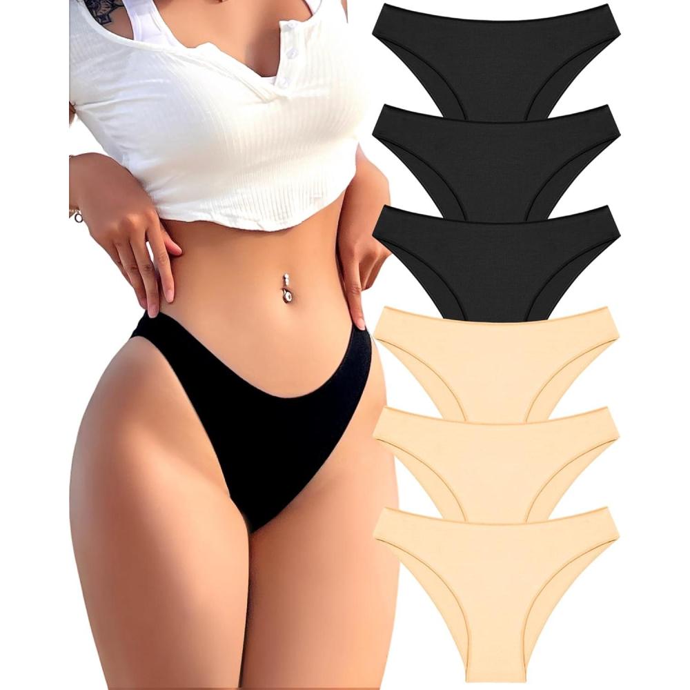 imageFINETOO 6 Pack Cotton Underwear for Women Cute Low Rise Bikini Panties High Cut Breathable Sexy Hipster Womens Cheeky SXLSet9pack