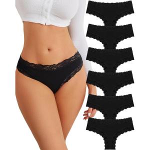 imageFINETOO Cotton Underwear for Women Sexy Panties Lace Hipster Low Rise Breathable Womens Cheeky 6 Pack SXLBlack6
