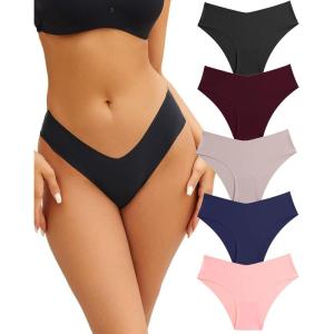 imageWomens Seamless Underwear Soft Stretch Briefs Invisibles Hipster V Cut cheeky No Show Bikini Panties 5 pack XSLOption B