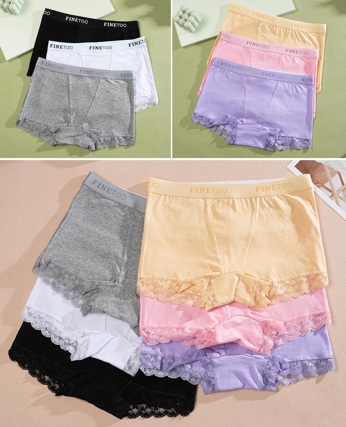 imageFINETOO Cotton Boyshort Underwear for Women Lace Boxer Briefs Full Coverage Soft Panties for Lady Girls 6 PackBlackwhitegreypinkpurplebeige
