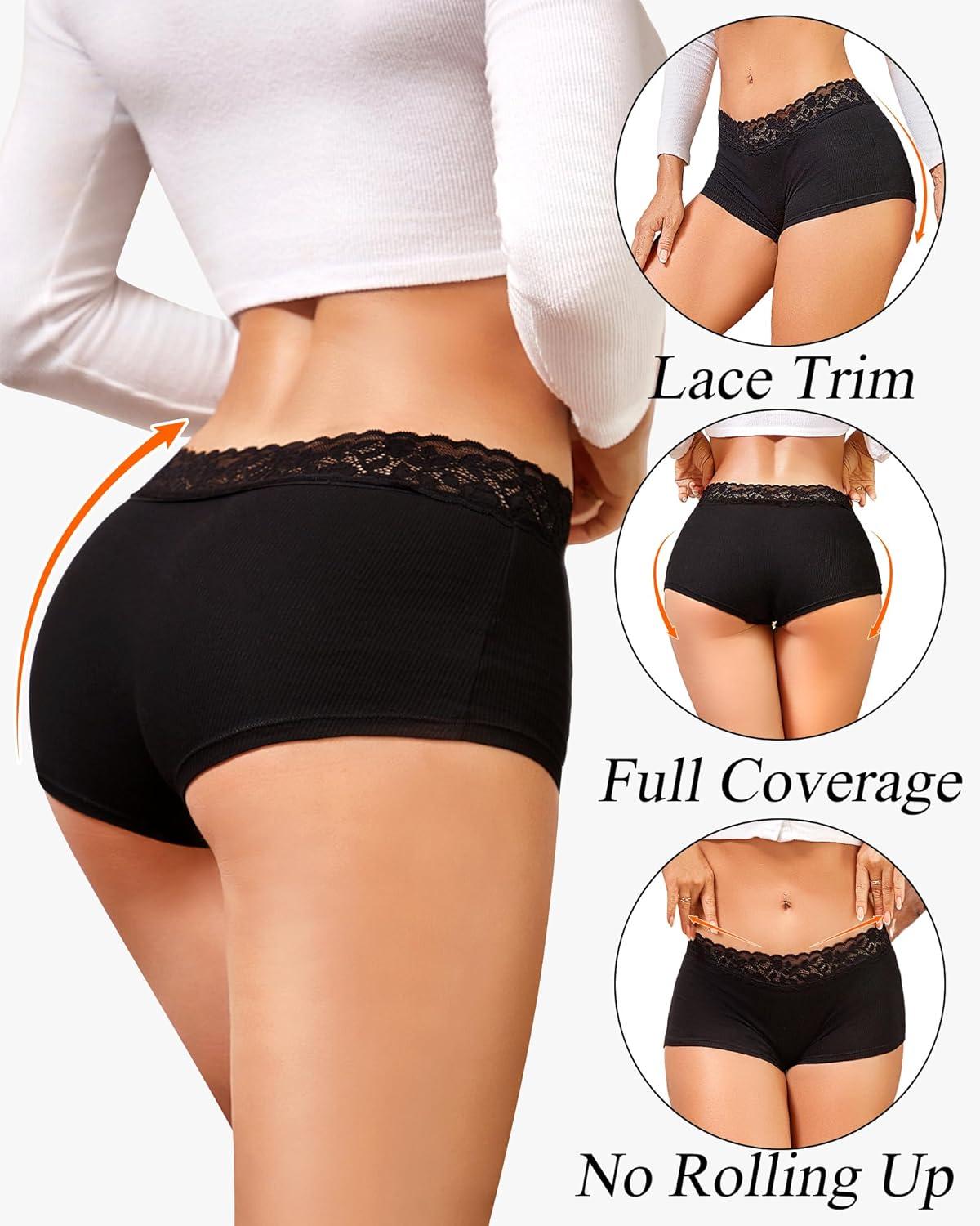 imageFINETOO Cotton Underwear for Women Boy Shorts Lace Boxer Briefs Soft Full Coverage Womens Panties 5 Pack SXXLWhite Black Khaki Pink Red