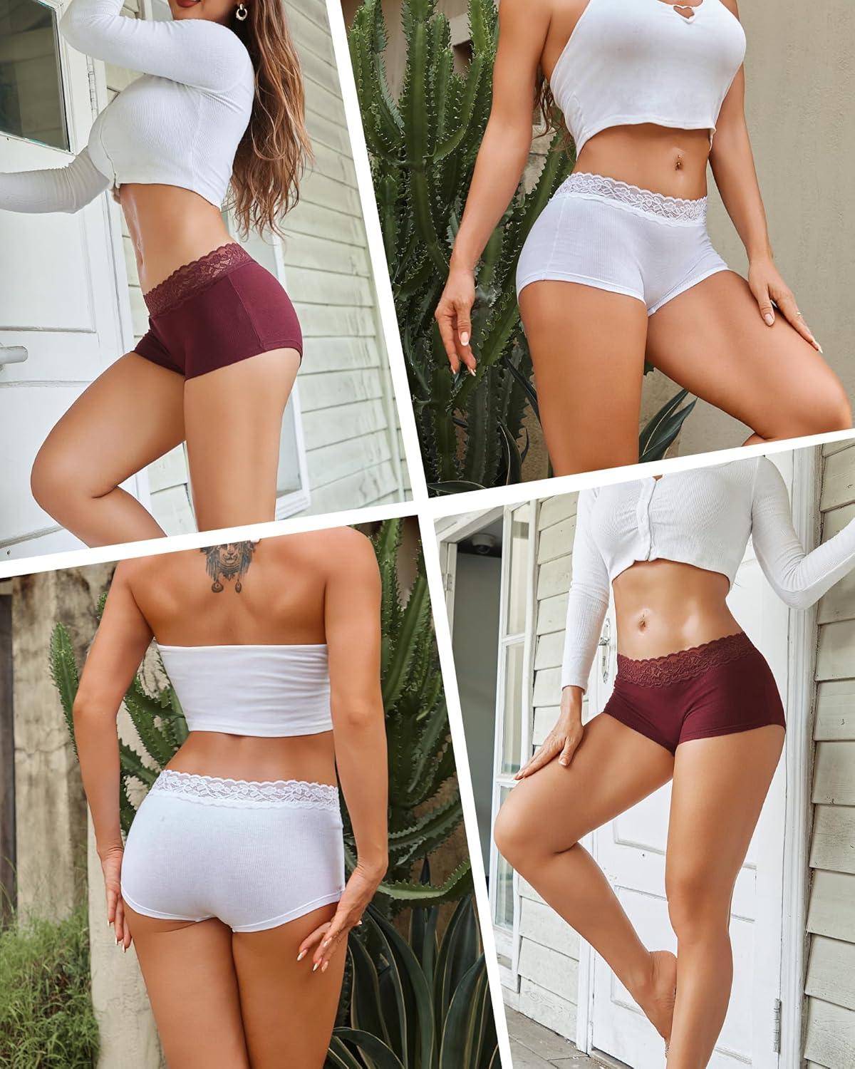 imageFINETOO Cotton Underwear for Women Boy Shorts Lace Boxer Briefs Soft Full Coverage Womens Panties 5 Pack SXXLWhite2black2gray1