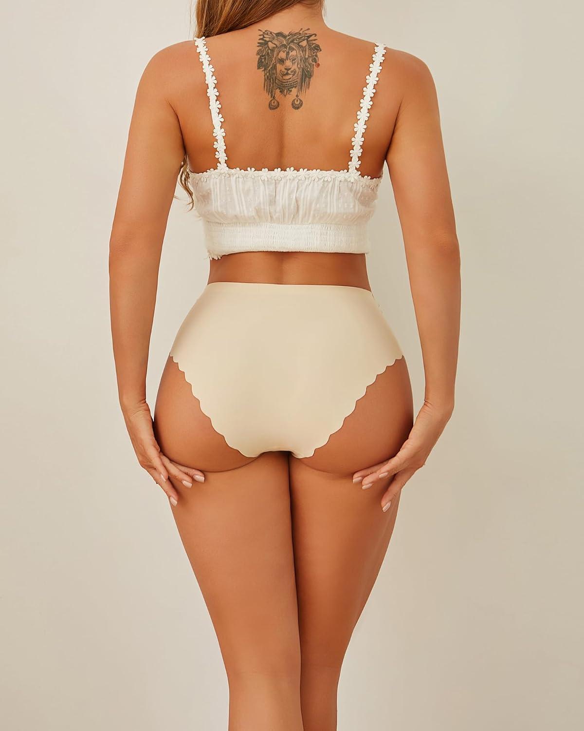 imageFINETOO Seamless Underwear for Women High Waisted Panties Scalloped Edge Sexy Cheeky Bikini No Show Briefs SXXL 5 PackColor Apricot5