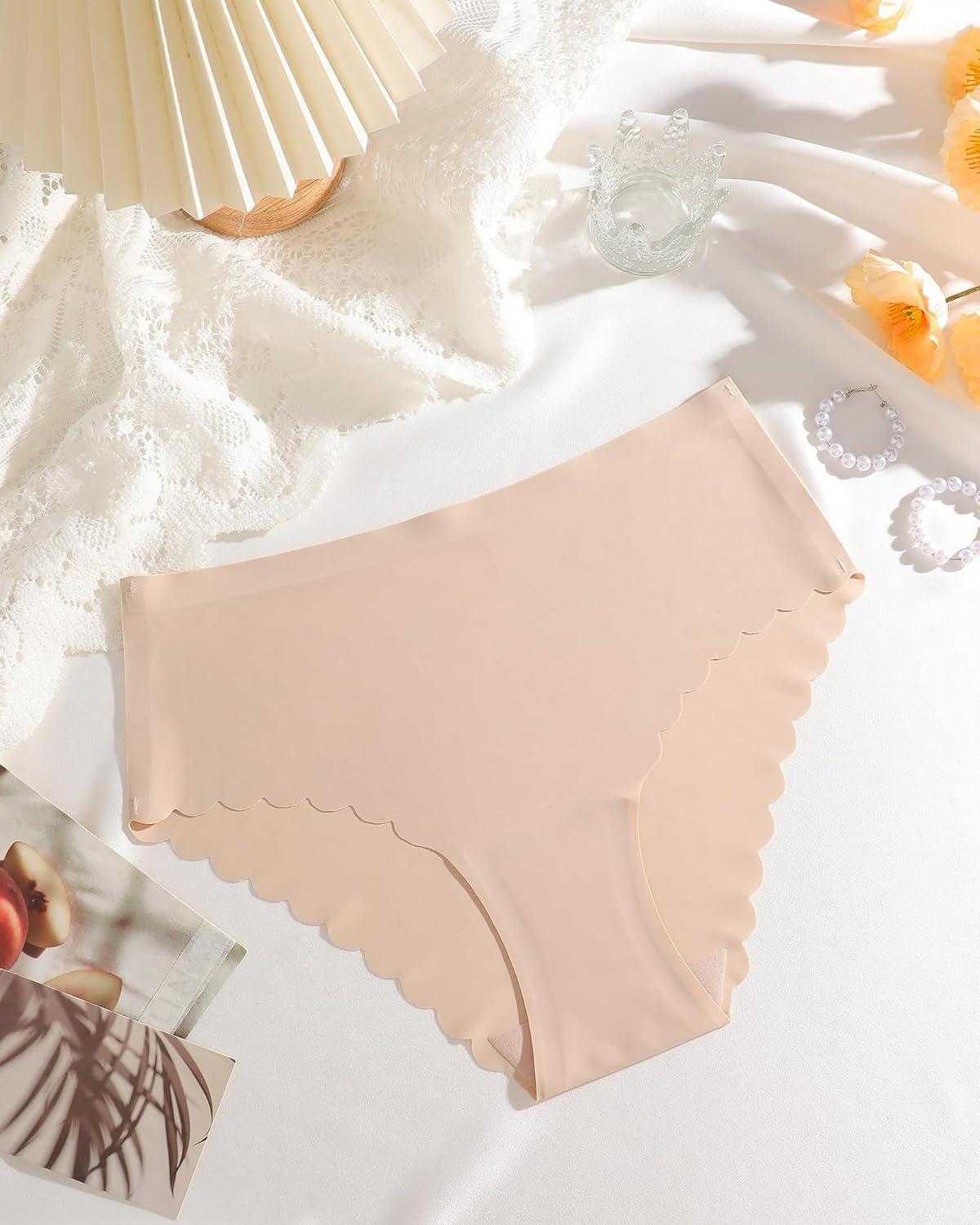 imageFINETOO Seamless Underwear for Women High Waisted Panties Scalloped Edge Sexy Cheeky Bikini No Show Briefs SXXL 5 PackColor Apricot5