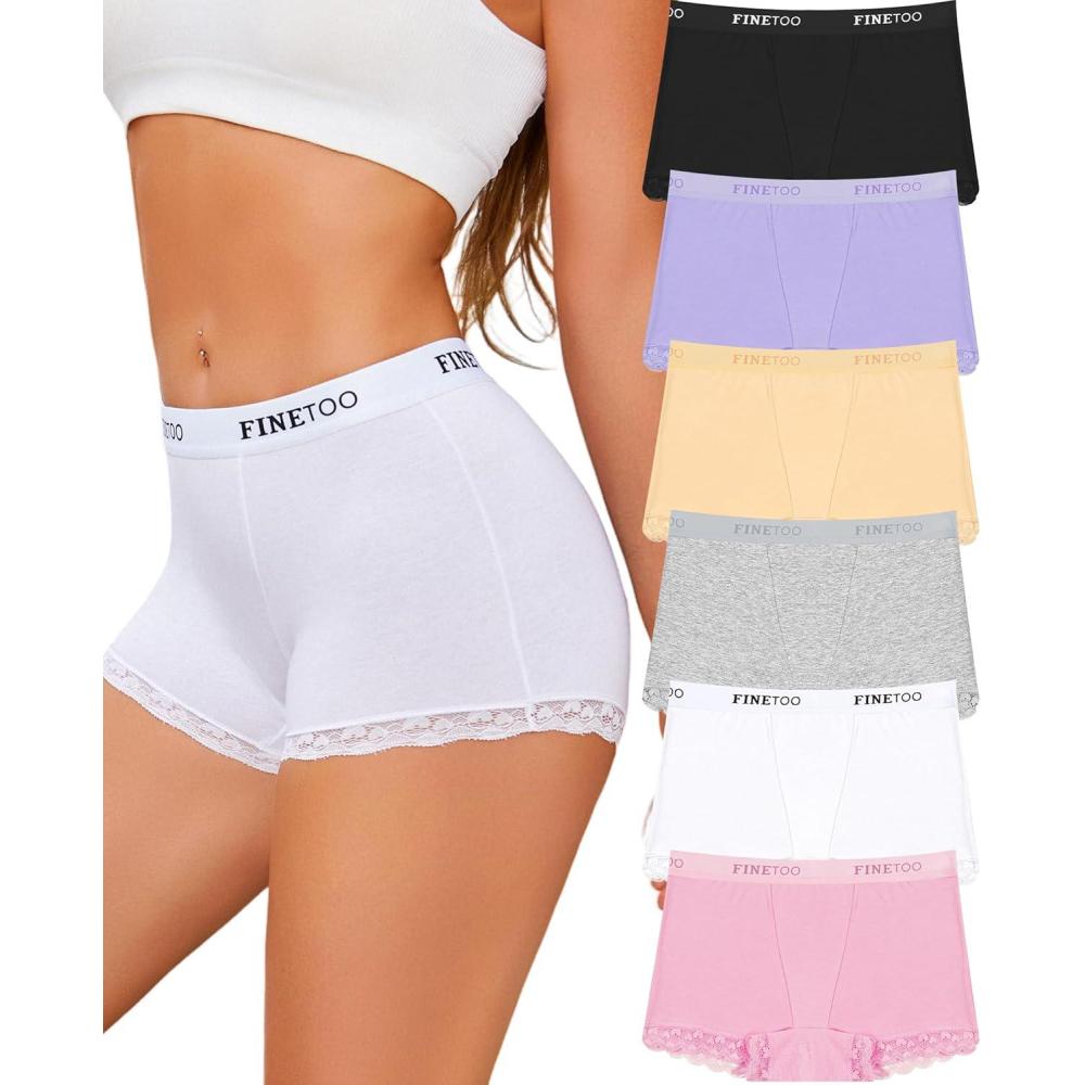 imageFINETOO Cotton Boyshort Underwear for Women Lace Boxer Briefs Full Coverage Soft Panties for Lady Girls 6 PackBlackwhitegreypinkpurplebeige