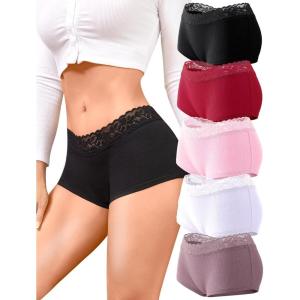 imageFINETOO Cotton Underwear for Women Boy Shorts Lace Boxer Briefs Soft Full Coverage Womens Panties 5 Pack SXXLWhite Black Khaki Pink Red