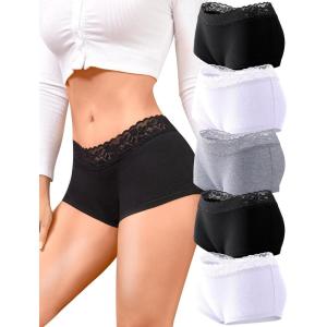 imageFINETOO Cotton Underwear for Women Boy Shorts Lace Boxer Briefs Soft Full Coverage Womens Panties 5 Pack SXXLWhite2black2gray1