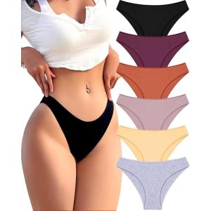 imageFINETOO 6 Pack Cotton Underwear for Women Cute Low Rise Bikini Panties High Cut Breathable Sexy Hipster Womens Cheeky SXLSet5