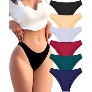 imageFINETOO 6 Pack Cotton Underwear for Women Cute Low Rise Bikini Panties High Cut Breathable Sexy Hipster Womens Cheeky SXLSet8