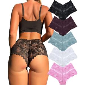 image:imageFINETOO 5 Pack Sexy Lingerie Panties for Women Pack VWaist Lace Womens Underwear French Cut Boyshorts PantyB 5 Pack Black1 White1 Dark Red1 Blue1 Pink1