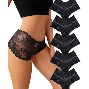 image:imageFINETOO 5 Pack Sexy Lingerie Panties for Women Pack VWaist Lace Womens Underwear French Cut Boyshorts PantyC 5 Pack Black5