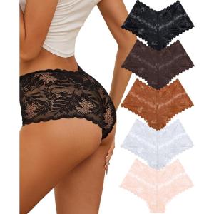image:imageFINETOO 5 Pack Sexy Lingerie Panties for Women Pack VWaist Lace Womens Underwear French Cut Boyshorts PantyG 5 Pack Black1 Orange1 Brown1 White1 Beige1