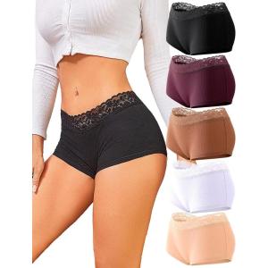 image:imageFINETOO Womens Boyshorts Underwear Soft Cotton Boxer Shorts Full Coverage Lace Panties Stretch Seamless Boxer Briefs 5 Pack