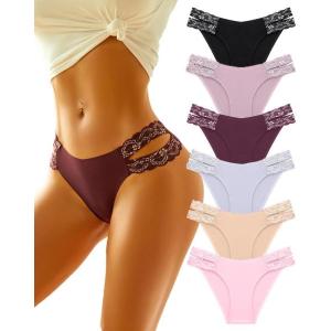 image:imageFINETOO Seamless Underwear for Women Cheeky Bikini Panties High Cut Vwaist Lace Underwear Women Cute Bikinis 6 Pack6packg