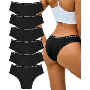 image:imageFINETOO Cotton underwear for women Cheeky Bikini Low Rise Soft Lace Hipster Ladies Sexy Panties 6 PackBlack6