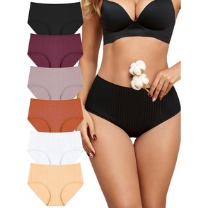 image:imageFINETOO Cotton Underwear for Women High Waisted Ribbed Full Coverage Briefs Soft Breathable Moisture Wicking Panties 6 PackColora