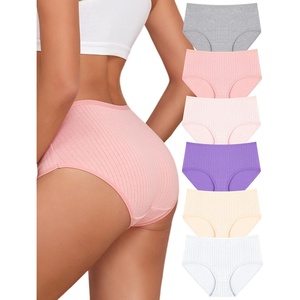 image:imageFINETOO Cotton Underwear for Women High Waisted Ribbed Full Coverage Briefs Soft Breathable Moisture Wicking Panties 6 PackColorc