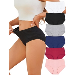 image:imageFINETOO Cotton Underwear for Women High Waisted Ribbed Full Coverage Briefs Soft Breathable Moisture Wicking Panties 6 PackColord