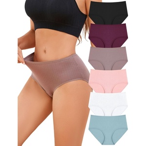 image:imageFINETOO Cotton Underwear for Women High Waisted Ribbed Full Coverage Briefs Soft Breathable Moisture Wicking Panties 6 PackColore