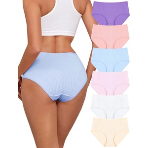 image:imageFINETOO Cotton Underwear for Women High Waisted Ribbed Full Coverage Briefs Soft Breathable Moisture Wicking Panties 6 PackColorf