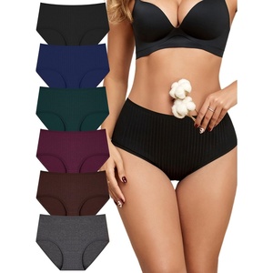 image:imageFINETOO Cotton Underwear for Women High Waisted Ribbed Full Coverage Briefs Soft Breathable Moisture Wicking Panties 6 PackColorh